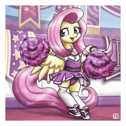 Size: 3000x3000 | Tagged: suggestive, artist:king-kakapo, derpibooru import, part of a set, fluttershy, pegasus, pony, art pack:cheerleader art pack, g4, banner, bipedal, cheerleader, cheerleader outfit, clothes, female, high res, image, looking at you, midriff, pleated skirt, png, pom pom, shoes, skirt, skirt lift, sneakers, socks, solo, solo female, stadium, thigh highs, underwear, upskirt