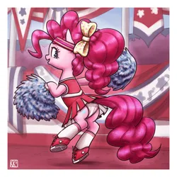 Size: 3000x3000 | Tagged: suggestive, artist:king-kakapo, derpibooru import, part of a set, pinkie pie, earth pony, pony, art pack:cheerleader art pack, g4, banner, bipedal, bow, butt, cheerleader, cheerleader outfit, clothes, female, hair bow, headband, high res, image, looking at you, looking back, looking back at you, midriff, panties, pleated skirt, png, pom pom, shoes, skirt, skirt lift, sneakers, socks, solo, solo female, stadium, underwear, upskirt