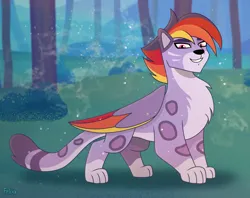 Size: 2935x2323 | Tagged: safe, artist:felux, derpibooru import, big cat, leopard, snow leopard, g5, my little pony: tell your tale, spoiler:g5, spoiler:my little pony: tell your tale, spoiler:tyts02e22, alterro, aq bars, colored wings, folded wings, forest, grin, image, male, multicolored hair, multicolored wings, nature, no place like home, older alterro, png, smiling, solo, tree, wings