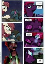 Size: 2480x3508 | Tagged: safe, artist:dsana, derpibooru import, fizzlepop berrytwist, tempest shadow, oc, oc:lullaby dusk, oc:thistledown, earth pony, pegasus, pony, unicorn, comic:a storm's lullaby, female, filly, foal, horn, image, mare, memories, png