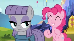 Size: 1920x1080 | Tagged: safe, derpibooru import, screencap, maud pie, pinkie pie, earth pony, pony, g4, rock solid friendship, duo, duo female, female, image, outdoors, png, siblings, sisters, twilight's castle