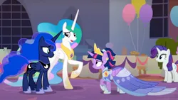 Size: 1987x1121 | Tagged: safe, derpibooru import, screencap, princess celestia, princess luna, rarity, twilight sparkle, twilight sparkle (alicorn), alicorn, pony, unicorn, g4, the last problem, alternate hairstyle, balloon, banner, canterlot, canterlot castle, clothes, coronation dress, crown, dress, elegant, evening, female, gown, horn, image, jewelry, jpeg, missing accessory, odd one out, raised hoof, regal, regalia, second coronation dress, smiling, stool, table, window