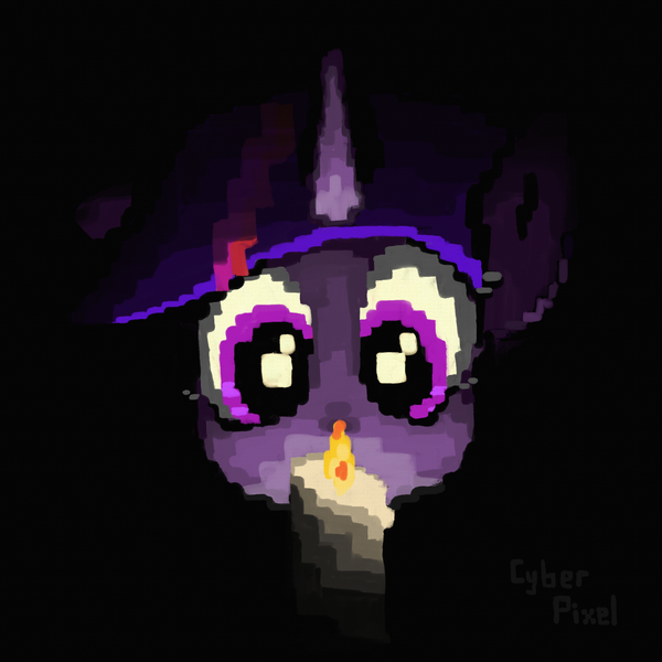 Size: 2216x2216 | Tagged: safe, artist:cyberpixel44, derpibooru import, twilight sparkle, pony, unicorn, g4, candle, dark background, darkness, eye reflection, female, fire, horn, image, pixel-crisp art, png, reflection, unicorn twilight, wide eyes