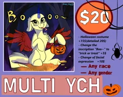 Size: 3824x3024 | Tagged: safe, artist:yuris, derpibooru import, pony, advertisement, any gender, any race, basket, candy, commission, fog, food, forest, grass, halloween, holiday, image, multi ych "booo~", nature, night, png, pumpkin, sitting, smiling, solo, sweat, tree, trick or treat, ych sketch, your character here