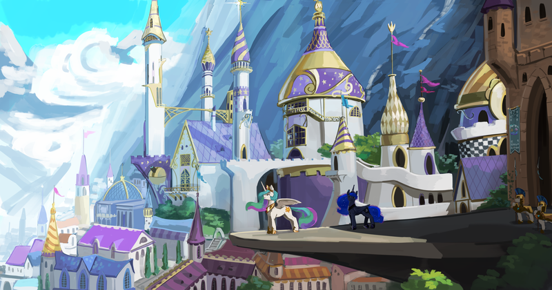 Size: 4500x2360 | Tagged: safe, artist:kelkessel, derpibooru import, princess celestia, princess luna, alicorn, equestria at war mod, g4, canterlot, canterlot castle, image, png, royal guard, scenery