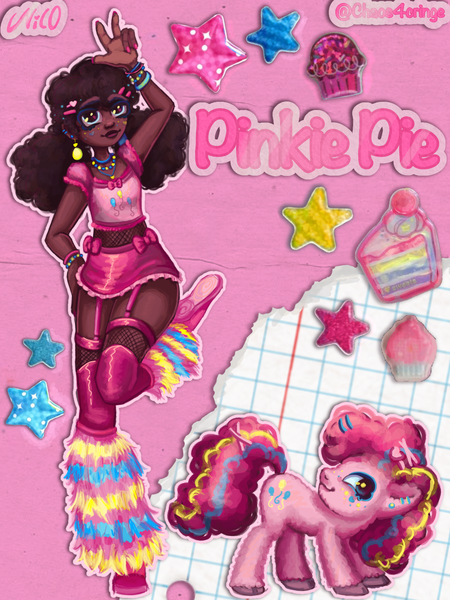 Size: 1536x2048 | Tagged: safe, artist:chaos4cringe, derpibooru import, pinkie pie, earth pony, human, pony, g4, alternate hairstyle, bracelet, cake, clothes, converse, cupcake, cute, dark skin, diapinkes, dress, ear piercing, earring, female, fishnet clothing, food, humanized, image, jewelry, leg warmers, mare, midriff, nail polish, natural hair color, necklace, piercing, png, shoes, socks, solo, stars, stockings, thigh highs, unshorn fetlocks