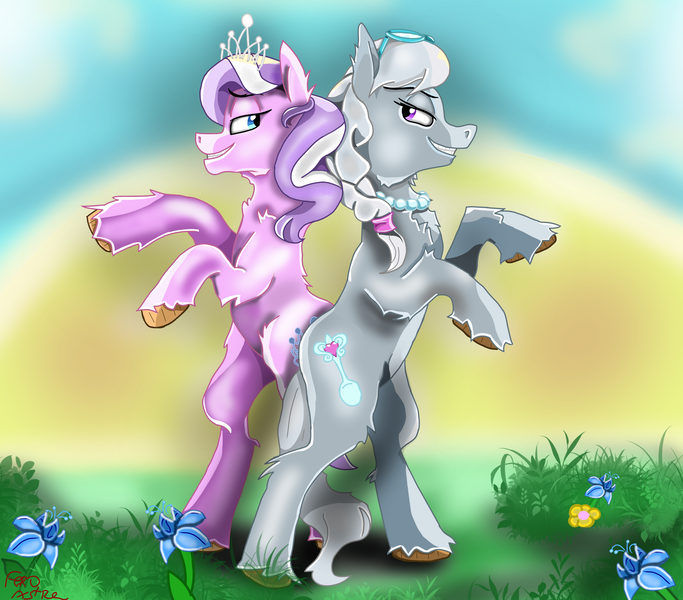 Size: 2844x2500 | Tagged: safe, artist:gabbygums21, derpibooru import, diamond tiara, silver spoon, earth pony, pony, bipedal, duo, female, filly, foal, image, looking at each other, looking at someone, png, smiling, smirk, unshorn fetlocks