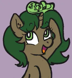 Size: 719x770 | Tagged: safe, derpibooru import, oc, oc:pine shine, pony, unicorn, crocs, ear fluff, female, horn, image, jpeg, looking up, mare, open mouth, open smile, shoe on head, signature, simple background, smiling