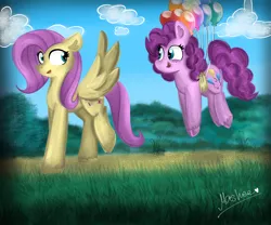 Size: 4208x3507 | Tagged: safe, artist:mashee, derpibooru import, clear sky, fluttershy, pinkie pie, earth pony, pegasus, pony, g4, adorable face, balloon, blush lines, blushing, cloud, colored, cute, floating, grass, happy, image, looking at each other, looking at someone, looking at you, looking back, nature, original art, original style, png, walking