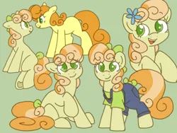 Size: 1200x900 | Tagged: safe, artist:puppie, derpibooru import, carrot top, golden harvest, junebug, g4, bow, clothes, cute, female, flower, flower in hair, hair bow, image, overalls, png, tail, tail bow