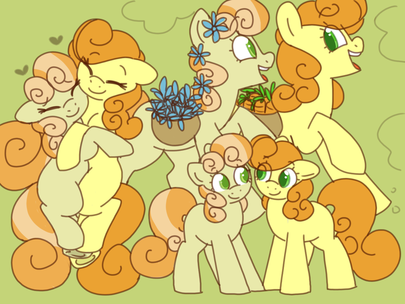 Size: 1200x900 | Tagged: safe, artist:puppie, derpibooru import, carrot top, golden harvest, junebug, earth pony, g4, carrot, cuddling, curly mane, cute, duo, duo female, female, flower, flower basket, flower in hair, food, green eyes, image, png, wholesome