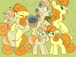 Size: 1200x900 | Tagged: safe, artist:puppie, derpibooru import, carrot top, golden harvest, junebug, earth pony, g4, carrot, cuddling, curly mane, cute, duo, duo female, female, flower, flower basket, flower in hair, food, green eyes, image, png, wholesome