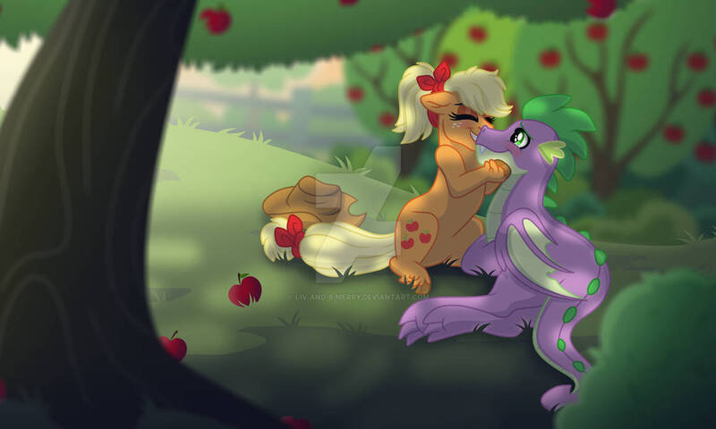 Size: 1154x693 | Tagged: safe, artist:liv-and-b-merry, derpibooru import, applejack, spike, earth pony, g4, image, jpeg