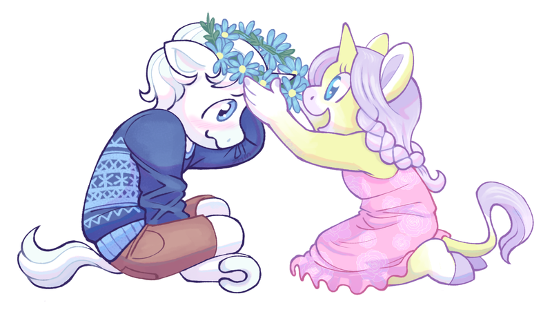 Size: 2300x1300 | Tagged: safe, artist:stimpower, derpibooru import, double diamond, lily lace, anthro, unguligrade anthro, unicorn, duo, female, floral head wreath, flower, horn, image, male, png