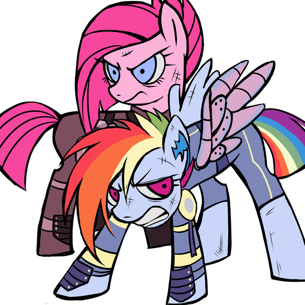 Size: 4252x4252 | Tagged: safe, artist:qianhe498, artist:qianjibahe, derpibooru import, pinkie pie, rainbow dash, earth pony, pegasus, pony, g4, alternate hairstyle, alternate timeline, amputee, apinkalypse pie, apocalypse dash, artificial wings, augmented, crystal war timeline, female, gritted teeth, image, mare, pinkamena diane pie, png, prosthetic limb, prosthetic wing, prosthetics, simple background, spread wings, teeth, torn ear, wings