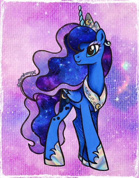 Size: 1601x2048 | Tagged: safe, artist:dariarchangel, derpibooru import, princess luna, alicorn, pony, g4, adorable face, alternate accessories, beautiful, blue coat, blue eyes, concave belly, crescent moon, crown, cute, cute face, cute smile, ethereal hair, ethereal mane, ethereal tail, eyeshadow, female, folded wings, galaxy, galaxy hair, galaxy mane, galaxy tail, hoof shoes, horn, image, jewelry, jpeg, long legs, lunabetes, makeup, mare, moon, peytral, pretty, princess, princess shoes, regalia, royalty, smiling, solo, space, sparkles, standing, starry hair, starry mane, starry tail, stars, sweet dreams fuel, tail, traditional art, turned head, unicorn horn, wings