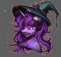 Size: 1080x1012 | Tagged: safe, artist:reminati_27, derpibooru import, oc, unofficial characters only, pony, unicorn, blood, bust, commission, ear piercing, earring, fangs, female, gray background, hat, horn, image, jewelry, jpeg, mare, necklace, piercing, portrait, simple background, slit pupils, solo, witch hat, ych result