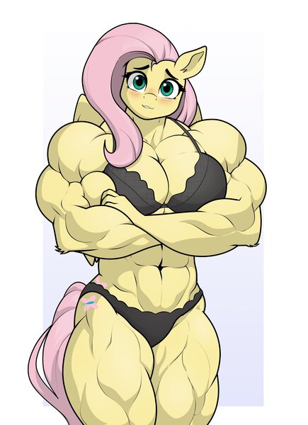 Size: 1992x2750 | Tagged: suggestive, artist:matchstickman, derpibooru import, fluttershy, anthro, pegasus, pony, g4, abs, biceps, blushing, bra, breasts, busty fluttershy, clothes, crossed arms, deltoids, female, image, jpeg, looking at you, mare, muscles, muscleshy, muscular female, pecs, solo, thighs, thunder thighs, underwear