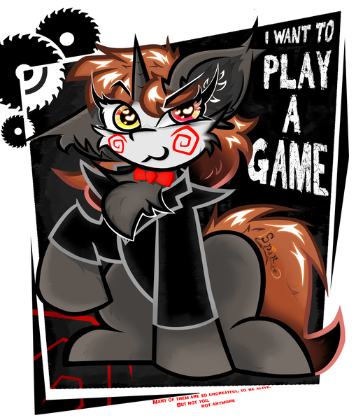 Size: 3000x3465 | Tagged: semi-grimdark, artist:spirit-fireheart, derpibooru import, oc, oc:spirit fireheart, unofficial characters only, pony, unicorn, abstract background, billy the puppet, bowtie, cheek fluff, chest fluff, clothes, costume, ear fluff, game, halloween, halloween 2024, halloween costume, happy halloween, holiday, horn, image, jigsaw, looking away, male, png, saw (movie), smiling, solo, text, title, tuxedo