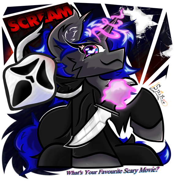 Size: 3200x3300 | Tagged: semi-grimdark, artist:spirit-fireheart, derpibooru import, oc, oc:silent star, unofficial characters only, pony, unicorn, abstract background, cheek fluff, chest fluff, clothes, costume, ear fluff, ghostface, halloween, halloween 2024, halloween costume, happy halloween, holiday, hood, horn, image, knife, looking at you, magic, male, mantle, mask, png, scary movie, scream mask, screaming, smiling, smiling at you, solo, telekinesis, text, title