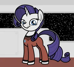 Size: 2048x1845 | Tagged: safe, artist:ewoudcponies, derpibooru import, part of a set, rarity, pony, unicorn, g4, clothes, female, horn, image, looking at you, mare, png, smiling, smiling at you, solo, space, spaceship, uniform