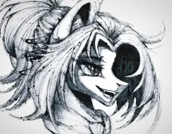 Size: 1080x844 | Tagged: safe, artist:reminati_27, derpibooru import, oc, unofficial characters only, pony, black and white, bust, fangs, female, grayscale, image, jpeg, mare, monochrome, portrait, simple background, sketch, solo, white background