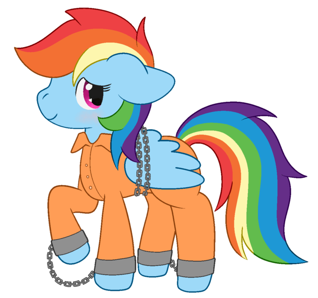 Size: 1240x1162 | Tagged: safe, artist:mimiqq, derpibooru import, rainbow dash, pegasus, bashful, blushing, chained, chains, clothes, commissioner:rainbowdash69, cuffed, cuffs, image, never doubt rainbowdash69's involvement, png, prison outfit, prisoner, prisoner rd, shackles, smiling, solo