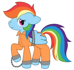 Size: 1240x1162 | Tagged: safe, artist:mimiqq, derpibooru import, rainbow dash, pegasus, bashful, blushing, chained, chains, clothes, commissioner:rainbowdash69, cuffed, cuffs, image, never doubt rainbowdash69's involvement, png, prison outfit, prisoner, prisoner rd, shackles, smiling, solo