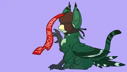 Size: 1280x720 | Tagged: safe, artist:capital-asterisk, derpibooru import, oc, unofficial characters only, gryphon, aviation, cat tail, ear tufts, falconry hood, feathered wings, green feathers, green fur, griffon oc, image, png, raised leg, simple background, solo, tail, tail feathers, talons, wings