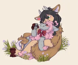 Size: 1341x1127 | Tagged: safe, artist:crowkadow, derpibooru import, oc, oc:grenda, oc:pixel, anthro, sheep, yak, couple, female, hug, image, png, sheepoc, snuggling, yakoc