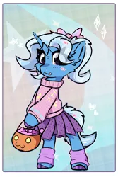 Size: 2000x3000 | Tagged: safe, artist:jubyskylines, derpibooru import, trixie, pony, unicorn, g4, bipedal, bow, bucket, clothes, costume, cute, diatrixes, female, hair bow, horn, image, leg warmers, mare, nightmare night, png, skirt, sweater