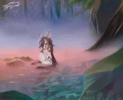 Size: 1440x1174 | Tagged: safe, artist:_.v.aporwave, derpibooru import, oc, unofficial characters only, pony, ear piercing, earring, female, horns, image, jewelry, jpeg, mare, necklace, piercing, scenery, shirtless shirt collar, solo, thin, water, waterfall