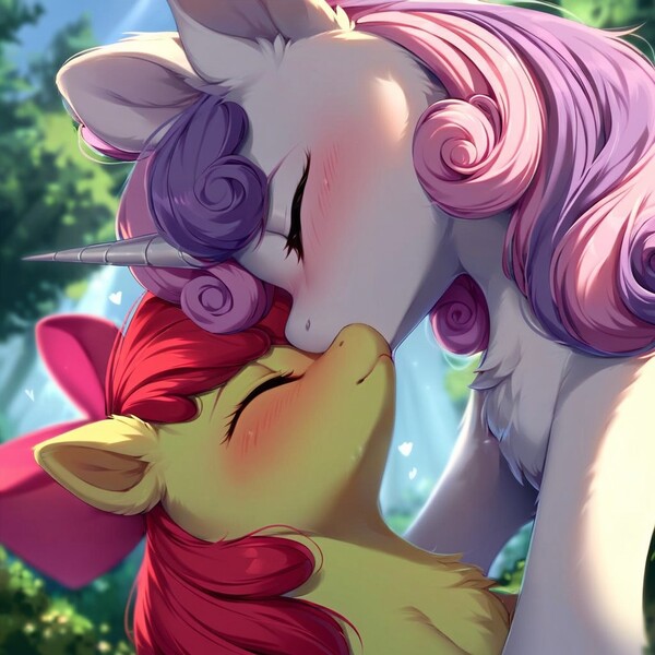 Size: 1024x1024 | Tagged: safe, ai content, derpibooru import, machine learning generated, prompter:ranserthus, stable diffusion, apple bloom, sweetie belle, earth pony, pony, unicorn, g4, adorabloom, blushing, cute, diasweetes, duo, duo female, female, filly, foal, generator:pony diffusion v6 xl, horn, image, jpeg, kissing, lesbian, nose kiss, nuzzling, outdoors, ship:sweetiebloom, shipping