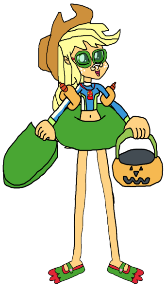 Size: 1941x3405 | Tagged: safe, artist:christian soto, derpibooru import, applejack, equestria girls, g4, applejack's beach shorts swimsuit, clothes, equestria girls specials, flippers, goggles, halloween, hat, holiday, image, inner tube, kickboard, my little pony equestria girls: better together, my little pony equestria girls: forgotten friendship, noseclip, png, pool toy, pumpkin bucket, simple background, sunscreen, swimsuit, towel, transparent background, trick or treat, water wings