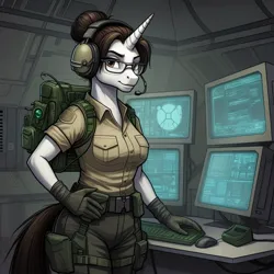 Size: 1024x1024 | Tagged: safe, ai content, derpibooru import, generator:google imagen 3.0, machine learning generated, prompter:zerowinger, raven, anthro, unicorn, series:g.i. pony: a real equestrian hero, g4, backpack, breasts, clothes, computer, cosplay, costume, female, g.i. joe, glasses, gloves, hand on hip, headset, horn, image, indoors, jpeg, military uniform, smiling, solo, sparks (gi joe), uniform