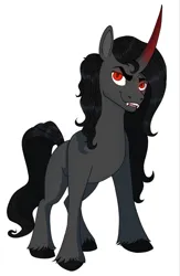 Size: 837x1280 | Tagged: safe, artist:kokorokinda, derpibooru import, oc, oc:shade starlight, pony, unicorn, curved horn, fangs, horn, image, jpeg, male, red eyes, red horn, simple background, stallion, stallion oc, unicorn oc, unshorn fetlocks, white background