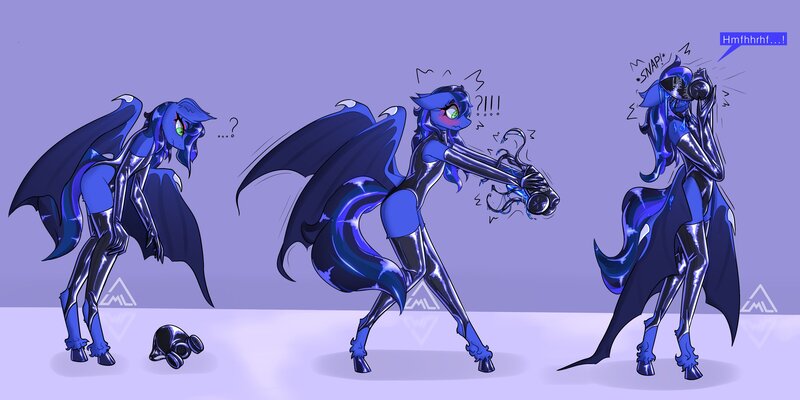 Size: 4096x2048 | Tagged: safe, artist:elemele20, derpibooru import, oc, oc:guard cobalt flash, unofficial characters only, anthro, bat pony, unguligrade anthro, bat pony oc, bat wings, clothes, crossdressing, gas mask, gloves, image, jpeg, latex, latex gloves, living latex, mask, struggling, tentacles, transformation, transformation sequence, wings