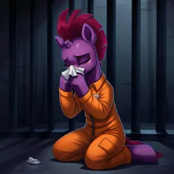 Size: 1024x1024 | Tagged: safe, derpibooru import, generator:aria, tempest shadow, g4, clothes, image, jail, jail cell, jumpsuit, nose blowing, png, prison, prison outfit, solo, tissue