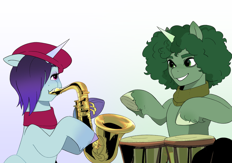 Size: 2133x1503 | Tagged: safe, artist:aztrial, derpibooru import, onyx, pony, unicorn, g5, beret, bongos, clothes, dapple, duo, duo male and female, female, grin, hat, horn, image, male, mare, musical instrument, png, saxophone, scarf, smiling, stallion, unitober 2024, unshorn fetlocks