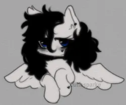 Size: 832x696 | Tagged: safe, artist:cutiesparke, derpibooru import, oc, oc:ocean eyes, pegasus, pony, g4, bags under eyes, black mane, blue eyes, choker, ear piercing, earring, female, gray background, hoof heart, image, jewelry, lidded eyes, piercing, png, raised hoof, simple background, solo, spread wings, underhoof, white fur, wings