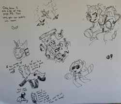 Size: 2048x1760 | Tagged: safe, artist:pony quarantine, derpibooru import, oc, oc:dyx, oc:ponyquarantine, unofficial characters only, alicorn, bird, earth pony, human, pegasus, pony, clothes, cockpit, dialogue, eyepatch, female, filly, flying, foal, grayscale, image, jpeg, mare, monochrome, open mouth, open smile, pen drawing, pilot, pirate costume, singing, smiling, socks, traditional art