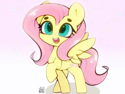 Size: 4000x3000 | Tagged: safe, artist:zokkili, derpibooru import, fluttershy, pegasus, pony, g4, beanbrows, eyebrows, female, high res, image, jpeg, mare, open mouth, open smile, raised hoof, signature, smiling, solo, spread wings, wings