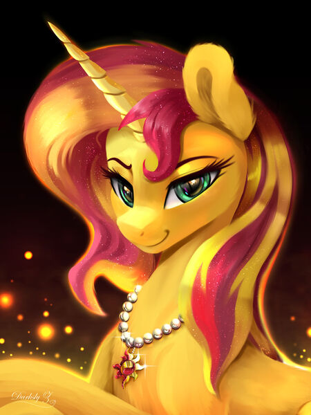 Size: 1800x2400 | Tagged: safe, alternate version, artist:darksly, derpibooru import, sunset shimmer, pony, unicorn, g4, cutie mark accessory, cutie mark necklace, female, horn, image, jewelry, jpeg, mare, necklace, signature, smiling, solo