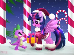 Size: 2400x1800 | Tagged: safe, alternate version, artist:darksly, derpibooru import, spike, twilight sparkle, twilight sparkle (alicorn), alicorn, dragon, pony, g4, blushing, boots, brotherly love, candy, candy cane, christmas, christmas sweater, clothes, cute, duo, duo male and female, female, food, gloves, hat, high res, holiday, horn, image, jpeg, male, mare, night, open mouth, outdoors, santa hat, shoes, sibling love, signature, snow, spikabetes, spikelove, spread wings, stars, sweater, twiabetes, wings