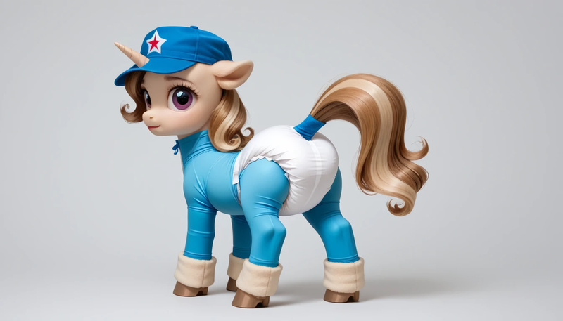 Size: 1344x768 | Tagged: questionable, ai content, derpibooru import, machine learning generated, oc, unofficial characters only, pony, unicorn, adult foal, booties, clothes, diaper, diaper fetish, female, fetish, filly, foal, generator:seaart.ai, horn, image, mare, non-baby in diaper, png, socks, solo, solo female, tail, tail band, tail hole, uncanny valley, vest