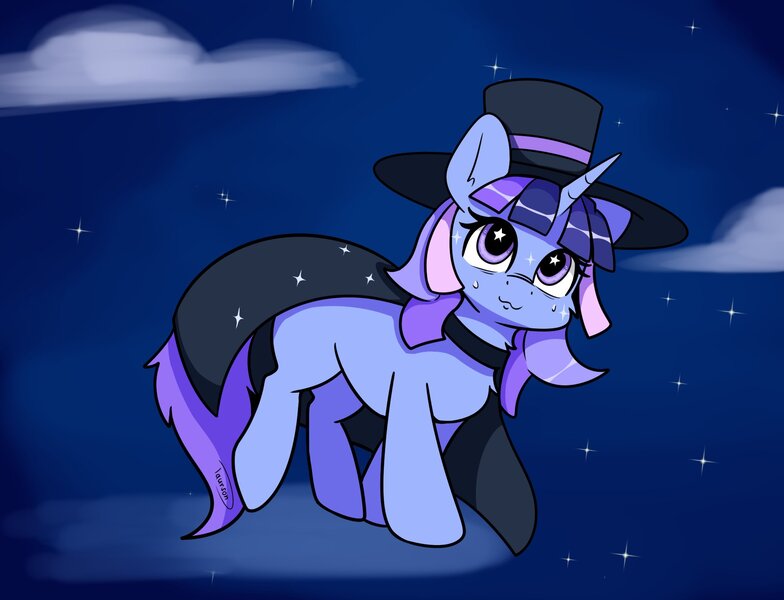 Size: 1940x1484 | Tagged: safe, artist:taurson, derpibooru import, oc, oc:flawless sparklemoon, unofficial characters only, pony, unicorn, cape, clothes, female, fusion, fusion:trixie, fusion:twilight sparkle, fusion:twixie, hat, horn, image, jpeg, looking at you, mare, my little pony the movie: the death of twilight sparkle, smiling, smiling at you, solo, top hat