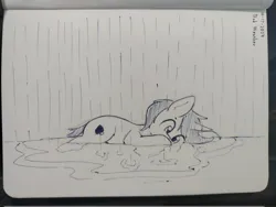 Size: 2048x1538 | Tagged: safe, artist:taurson, derpibooru import, oc, oc:coffee, unofficial characters only, pony, unicorn, grayscale, horn, image, jpeg, lying down, male, monochrome, oc-tober, pen drawing, prone, puddle, rain, solo, sploot, stallion, traditional art