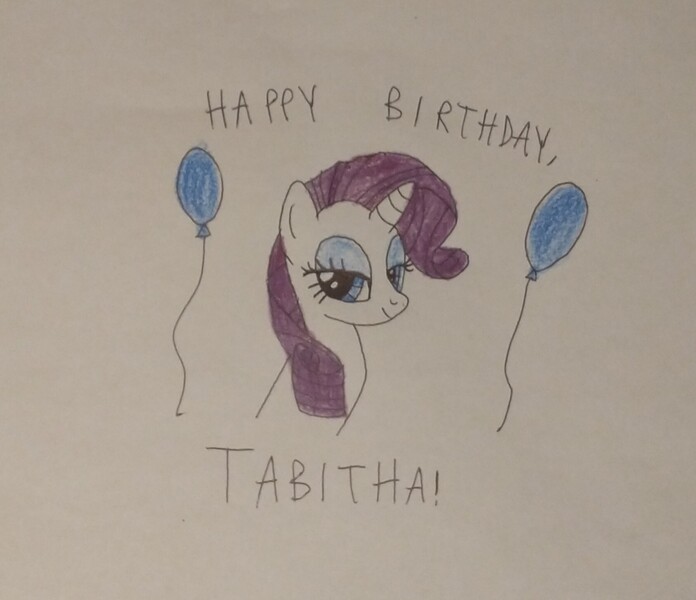 Size: 1687x1455 | Tagged: safe, anonymous artist, derpibooru import, rarity, pony, g4, birthday, female, happy, happy birthday, image, jpeg, smiling, solo, solo female, tabitha st. germain, traditional art