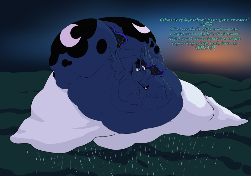 Size: 3284x2307 | Tagged: questionable, artist:lupin quill, derpibooru import, princess luna, alicorn, pony, belly, belly bed, big belly, bingo wings, blushing, both cutie marks, burp, butt, chubby cheeks, cloud, dialogue, fat, fat fetish, fetish, flabby chest, forest, huge belly, huge butt, image, immobile, impossibly large belly, impossibly large butt, jewelry, large butt, morbidly obese, multichin, nature, necklace, nightmare night, obese, on a cloud, panting, png, princess moonpig, rain, rolls of fat, spread wings, stretched cutie mark, sunset, tree, wings