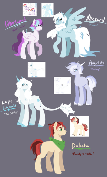 Size: 4816x7950 | Tagged: safe, artist:lilyube, derpibooru import, oc, oc:angelite, oc:blizzard, oc:dakota, oc:lapis lazuli, oc:whirlwind, unofficial characters only, dracony, earth pony, hybrid, pegasus, pony, bandana, clothes, earth pony oc, female, gray background, horns, image, interspecies offspring, leonine tail, male, mare, next generation, offspring, parent:applejack, parent:caramel, parent:rainbow dash, parent:rarity, parent:soarin', parent:spike, parents:carajack, parents:soarindash, parents:sparity, pegasus oc, png, redesign, scarf, simple background, stallion, tail, wings